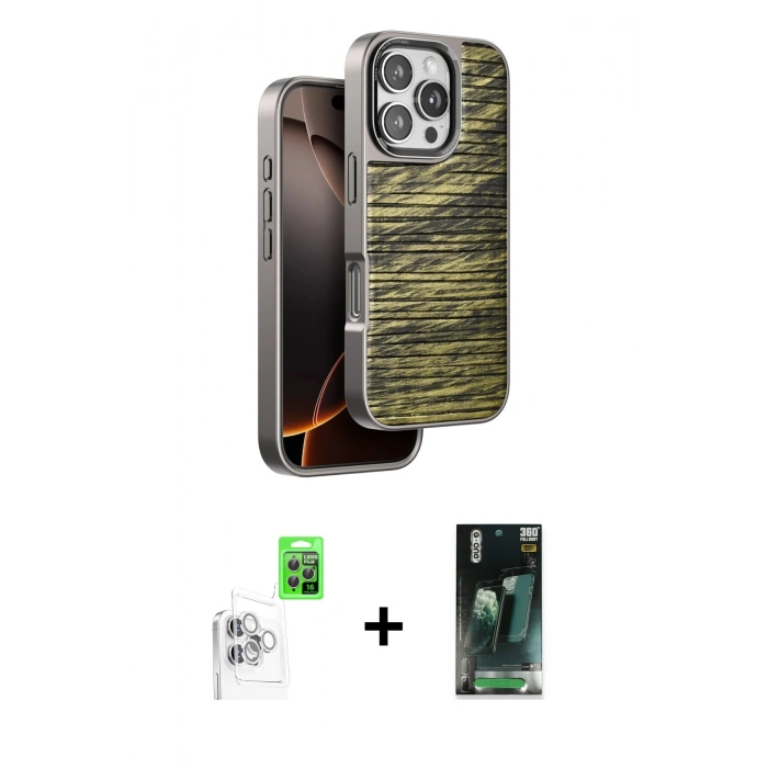 MARSİLYAN™- iPhone 16 Pro Max Kılıf Atlas Minimal Özel Seri - Siyah 360 Mat Full Body Arka Koruyucu + Raze Metal Kamera Lens - BZ