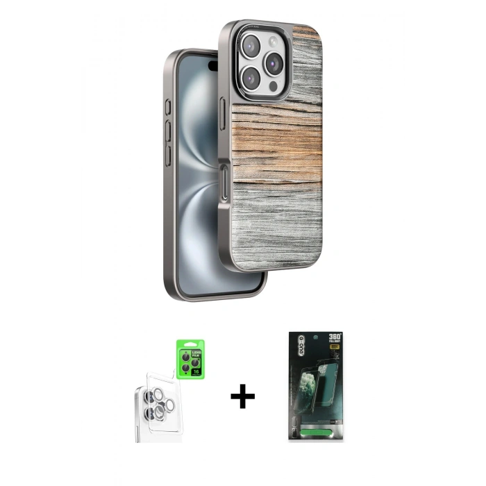 MARSİLYAN™- iPhone 16 Pro Max Kılıf Atlas Minimal Özel Seri - Siyah 360 Mat Full Body Arka Koruyucu + Raze Metal Kamera Lens - BZ