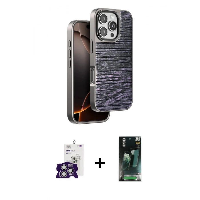 MARSİLYAN™- iPhone 16 Pro Max Kılıf Atlas Minimal Özel Seri - Siyah 360 Mat Full Body Arka Koruyucu + Gümüş Bilvis Titan Kamera Lens
