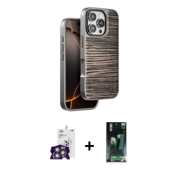 MARSİLYAN™- iPhone 16 Pro Max Kılıf Atlas Minimal Özel Seri - Siyah 360 Mat Full Body Arka Koruyucu + Gümüş Bilvis Titan Kamera Lens