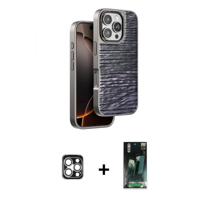 MARSİLYAN™- iPhone 16 Pro Max Kılıf Atlas Minimal Özel Seri - Siyah 360 Mat Full Body Arka Koruyucu + PVD Metal Kamera Lens - GS