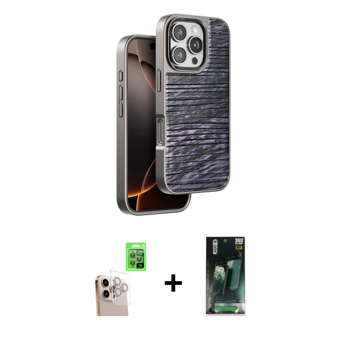MARSİLYAN™- iPhone 16 Pro Max Kılıf Atlas Minimal Özel Seri - Siyah 360 Mat Full Body Arka Koruyucu + Raze Metal Kamera Lens - NLGY