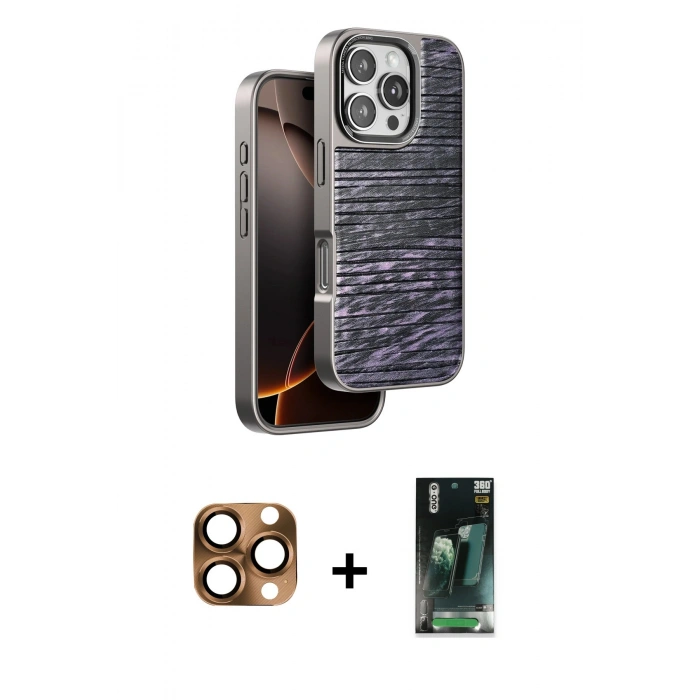 MARSİLYAN™- iPhone 16 Pro Max Kılıf Atlas Minimal Özel Seri - Siyah 360 Mat Full Body Arka Koruyucu + Pers Alüminyum Kamera Lens - CLTM