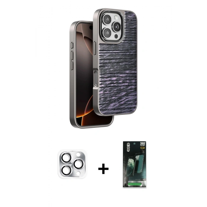 MARSİLYAN™- iPhone 16 Pro Max Kılıf Atlas Minimal Özel Seri - Siyah 360 Mat Full Body Arka Koruyucu + Pers Alüminyum Kamera Lens - GS