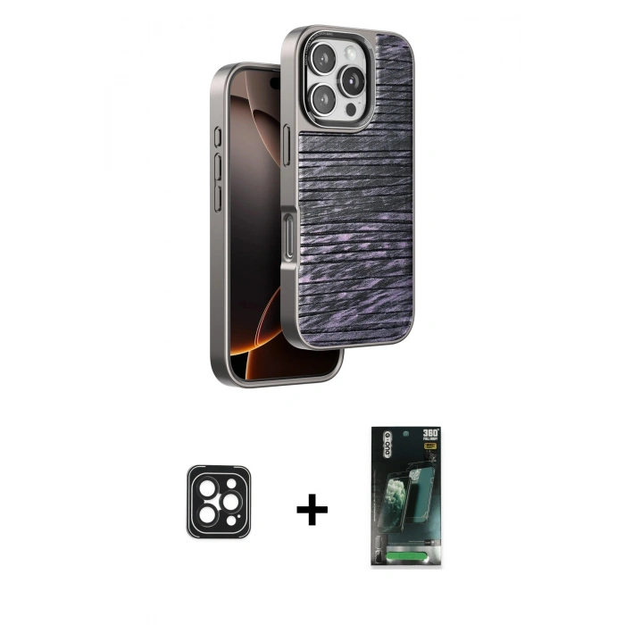 MARSİLYAN™- iPhone 16 Pro Max Kılıf Atlas Minimal Özel Seri - Siyah 360 Mat Full Body Arka Koruyucu + PVD Metal Kamera Lens - SH