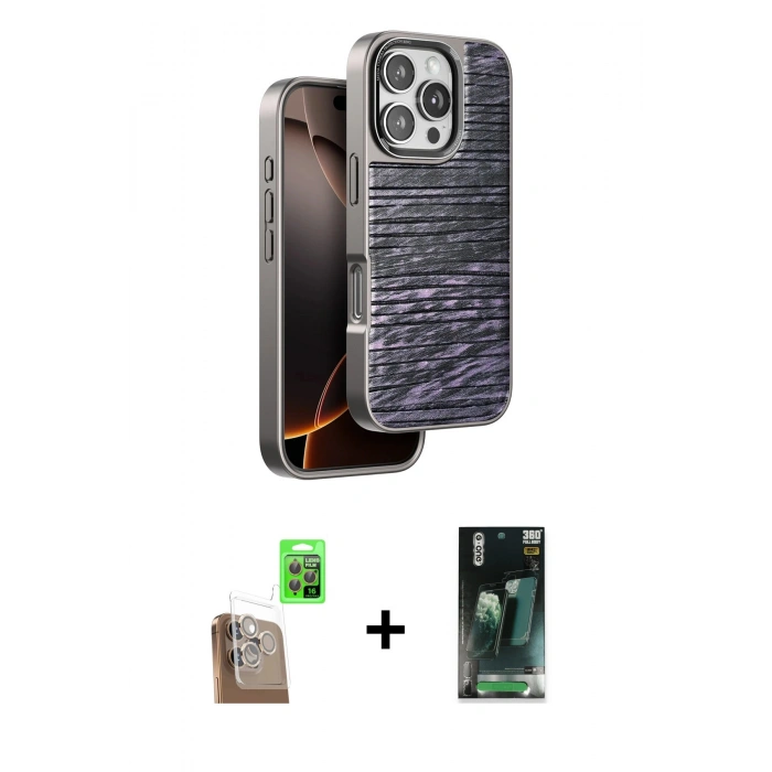 MARSİLYAN™- iPhone 16 Pro Max Kılıf Atlas Minimal Özel Seri - Siyah 360 Mat Full Body Arka Koruyucu + Raze Metal Kamera Lens - CLTM