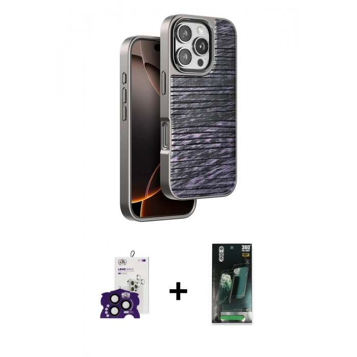 MARSİLYAN™- iPhone 16 Pro Max Kılıf Atlas Minimal Özel Seri - Siyah 360 Mat Full Body Arka Koruyucu + Bilvis Titan Kamera Lens - SH