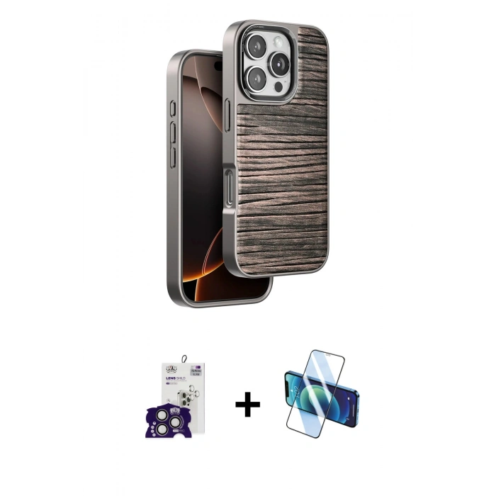 MARSİLYAN™- iPhone 16 Pro Max Kılıf Atlas Minimal Özel Seri - Siyah 3D Antistatik Cam Ekran Koruyucu + Bilvis Titan Kamera Lens - TMGI