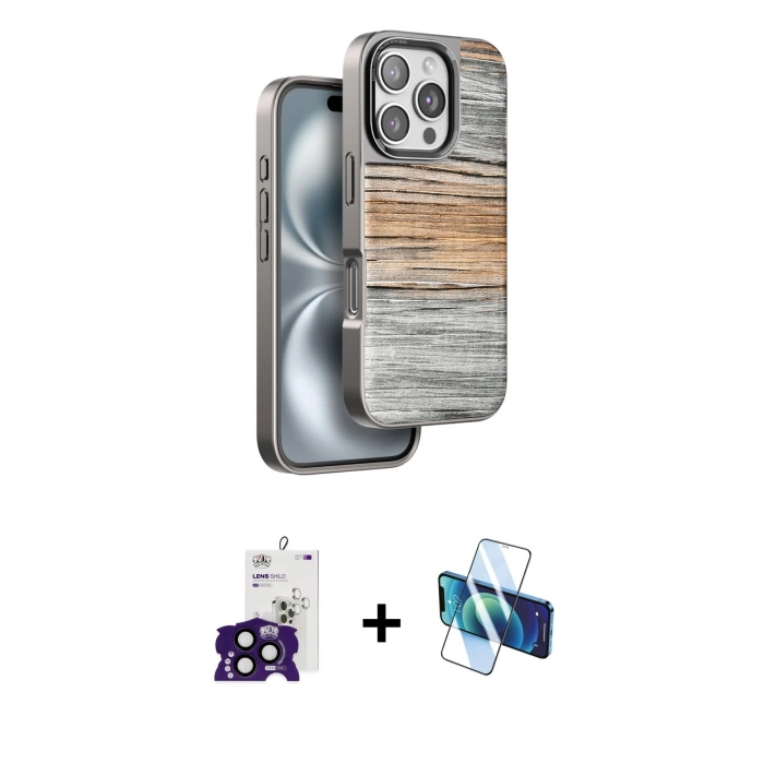 MARSİLYAN™- iPhone 16 Pro Max Kılıf Atlas Minimal Özel Seri - Siyah 3D Antistatik Cam Ekran Koruyucu + Bilvis Titan Kamera Lens - SH