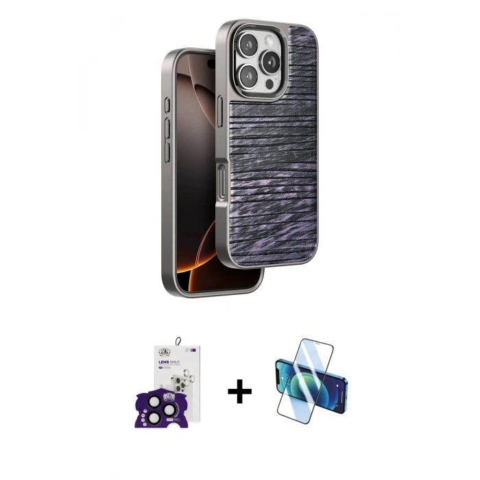 MARSİLYAN™- iPhone 16 Pro Max Kılıf Atlas Minimal Özel Seri - Siyah 3D Antistatik Cam Ekran Koruyucu + Bilvis Titan Kamera Lens - SH