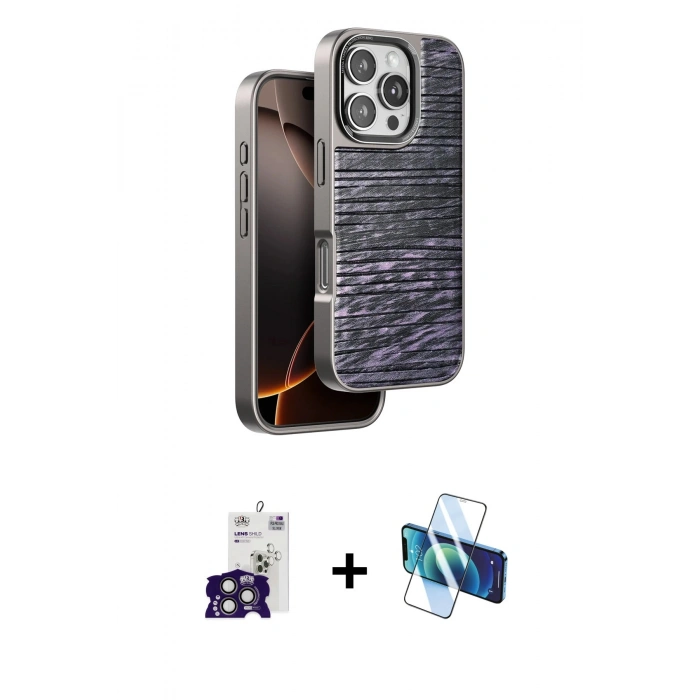 MARSİLYAN™- iPhone 16 Pro Max Kılıf Atlas Minimal Özel Seri - Siyah 3D Antistatik Cam Ekran Koruyucu + Bilvis Titan Kamera Lens - TMGI