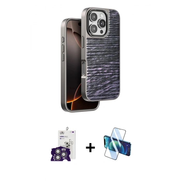 MARSİLYAN™- iPhone 16 Pro Max Kılıf Atlas Minimal Özel Seri - Siyah 3D Antistatik Cam Ekran Koruyucu + Bilvis Titan Kamera Lens - GS