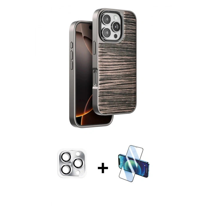 MARSİLYAN™- iPhone 16 Pro Max Kılıf Atlas Minimal Özel Seri - Siyah 3D Antistatik Cam Ekran Koruyucu + Pers Alüminyum Kamera Lens - GS
