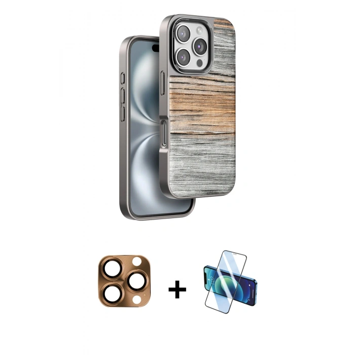 MARSİLYAN™- iPhone 16 Pro Max Kılıf Atlas Minimal Özel Seri - Siyah 3D Antistatik Cam Ekran Koruyucu + Pers Alüminyum Kamera Lens - CLTM