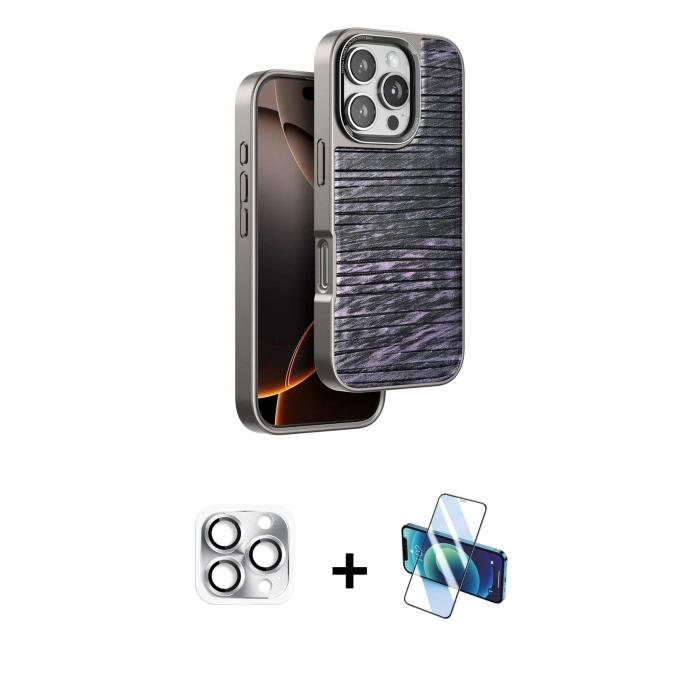 MARSİLYAN™- iPhone 16 Pro Max Kılıf Atlas Minimal Özel Seri - Siyah 3D Antistatik Cam Ekran Koruyucu + Pers Alüminyum Kamera Lens - GS