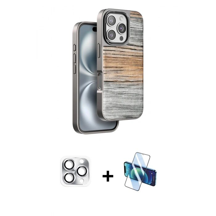 MARSİLYAN™- iPhone 16 Pro Max Kılıf Atlas Minimal Özel Seri - Siyah 3D Antistatik Cam Ekran Koruyucu + Pers Alüminyum Kamera Lens - GS