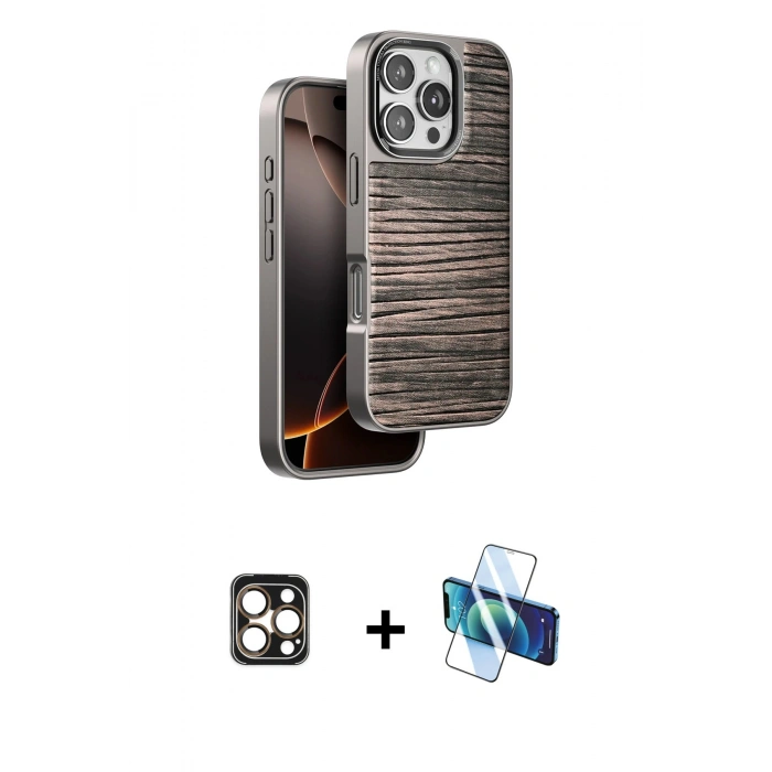 MARSİLYAN™- iPhone 16 Pro Max Kılıf Atlas Minimal Özel Seri - Siyah 3D Antistatik Cam Ekran Koruyucu + PVD Metal Kamera Lens - GD