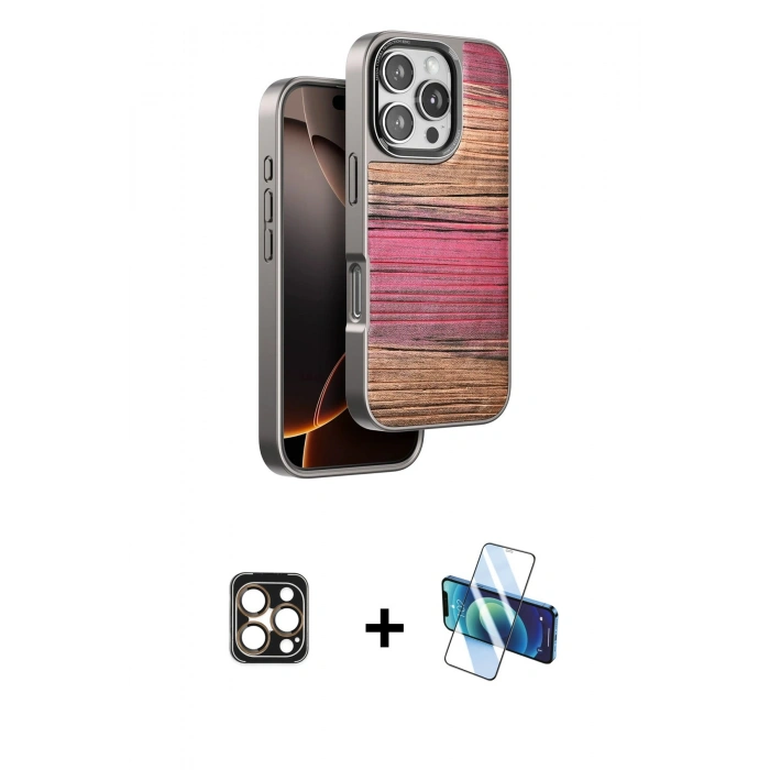 MARSİLYAN™- iPhone 16 Pro Max Kılıf Atlas Minimal Özel Seri - Siyah 3D Antistatik Cam Ekran Koruyucu + PVD Metal Kamera Lens - GD