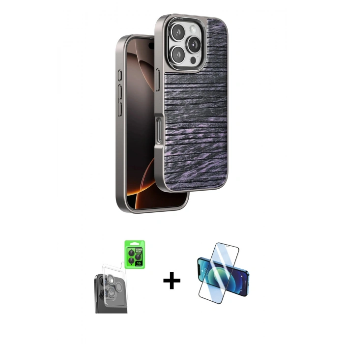 MARSİLYAN™- iPhone 16 Pro Max Kılıf Atlas Minimal Özel Seri - Siyah 3D Antistatik Cam Ekran Koruyucu + Raze Metal Kamera Lens - SH
