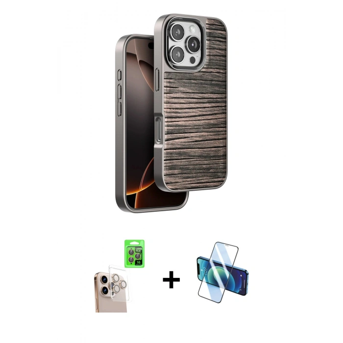 MARSİLYAN™- iPhone 16 Pro Max Kılıf Atlas Minimal Özel Seri - Siyah 3D Antistatik Cam Ekran Koruyucu + Raze Metal Kamera Lens - NLGY