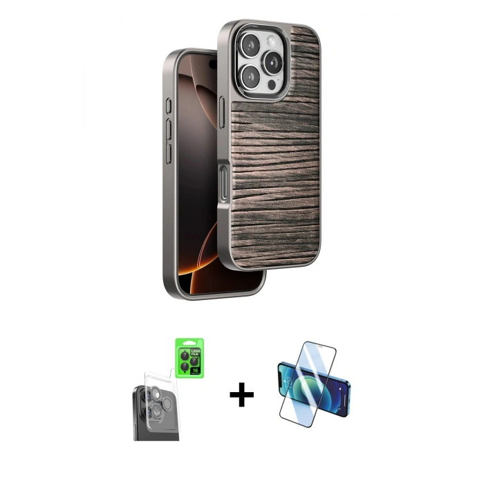 MARSİLYAN™- iPhone 16 Pro Max Kılıf Atlas Minimal Özel Seri - Siyah 3D Antistatik Cam Ekran Koruyucu + Raze Metal Kamera Lens - SH