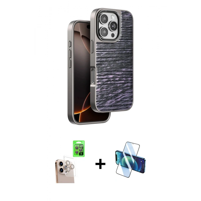 MARSİLYAN™- iPhone 16 Pro Max Kılıf Atlas Minimal Özel Seri - Siyah 3D Antistatik Cam Ekran Koruyucu + Raze Metal Kamera Lens - NLGY