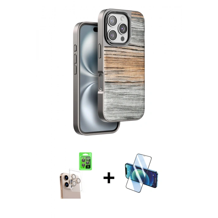 MARSİLYAN™- iPhone 16 Pro Max Kılıf Atlas Minimal Özel Seri - Siyah 3D Antistatik Cam Ekran Koruyucu + Raze Metal Kamera Lens - NLGY