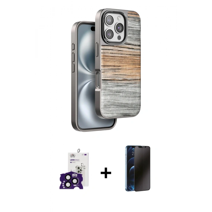 MARSİLYAN™- iPhone 16 Pro Max Kılıf Atlas Minimal Özel Seri - Siyah 3D Antistatik Hayalet Cam Ekran Koruyucu + Bilvis Titan Kamera Lens - SH