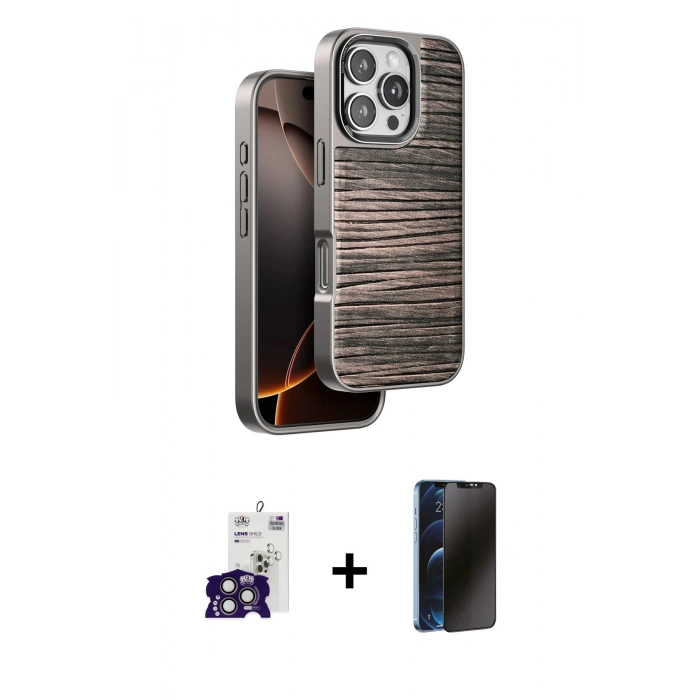 MARSİLYAN™- iPhone 16 Pro Max Kılıf Atlas Minimal Özel Seri - Siyah 3D Antistatik Hayalet Cam Ekran Koruyucu + Bilvis Titan Kamera Lens - TMGI