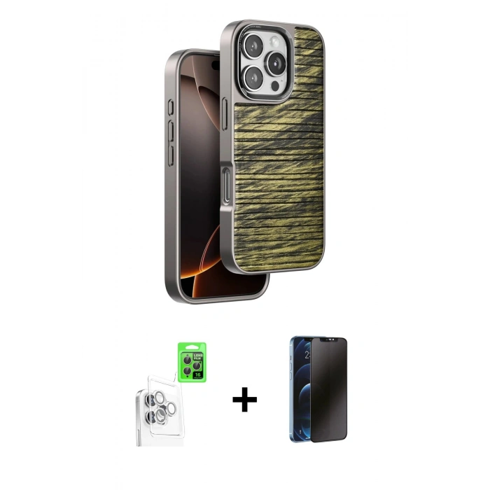 MARSİLYAN™- iPhone 16 Pro Max Kılıf Atlas Minimal Özel Seri - Siyah 3D Antistatik Hayalet Cam Ekran Koruyucu + Raze Metal Kamera Lens - BZ