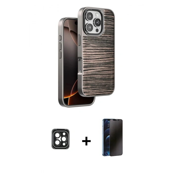 MARSİLYAN™- iPhone 16 Pro Max Kılıf Atlas Minimal Özel Seri - Siyah 3D Antistatik Hayalet Cam Ekran Koruyucu + PVD Metal Kamera Lens - SH