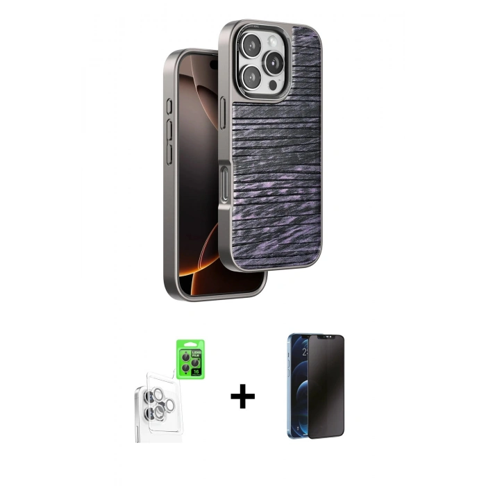 MARSİLYAN™- iPhone 16 Pro Max Kılıf Atlas Minimal Özel Seri - Siyah 3D Antistatik Hayalet Cam Ekran Koruyucu + Raze Metal Kamera Lens - BZ