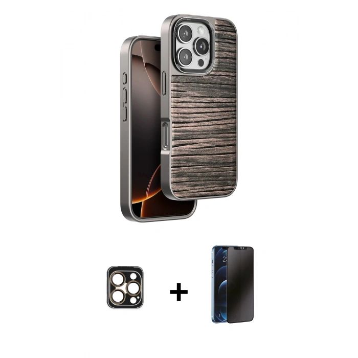 MARSİLYAN™- iPhone 16 Pro Max Kılıf Atlas Minimal Özel Seri - Siyah 3D Antistatik Hayalet Cam Ekran Koruyucu + PVD Metal Kamera Lens - GD