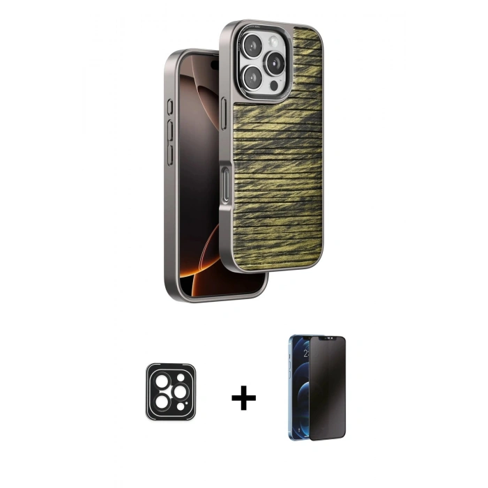 MARSİLYAN™- iPhone 16 Pro Max Kılıf Atlas Minimal Özel Seri - Siyah 3D Antistatik Hayalet Cam Ekran Koruyucu + PVD Metal Kamera Lens - SH