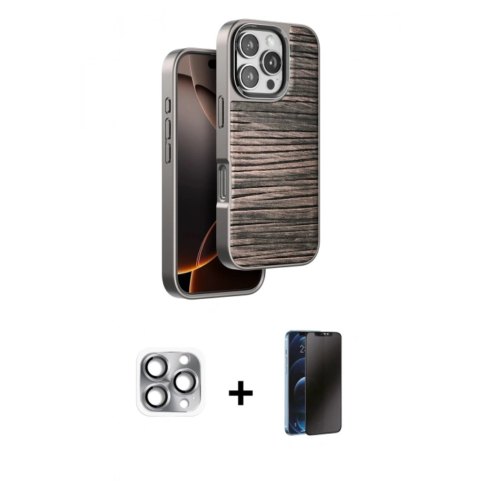 MARSİLYAN™- iPhone 16 Pro Max Kılıf Atlas Minimal Özel Seri - Siyah 3D Antistatik Hayalet Cam Ekran Koruyucu + Pers Alüminyum Kamera Lens - GI
