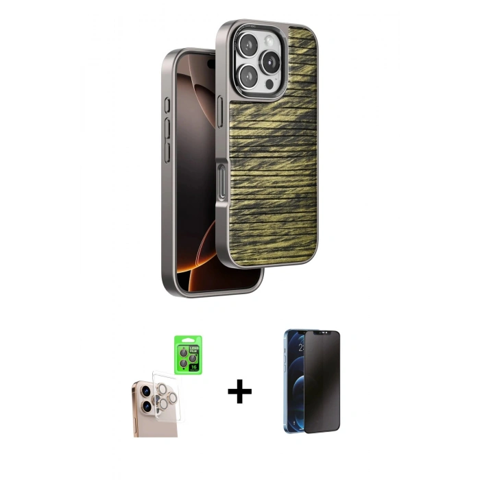 MARSİLYAN™- iPhone 16 Pro Max Kılıf Atlas Minimal Özel Seri - Siyah 3D Antistatik Hayalet Cam Ekran Koruyucu + Raze Metal Kamera Lens - NLGY