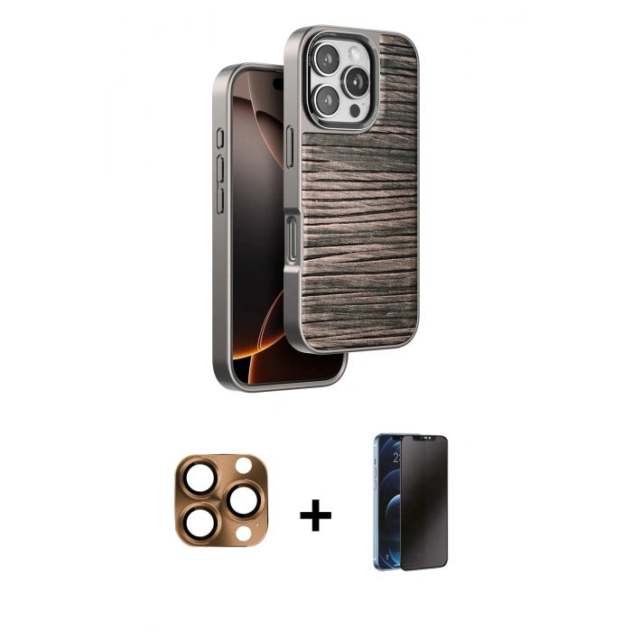 MARSİLYAN™- iPhone 16 Pro Max Kılıf Atlas Minimal Özel Seri - Siyah 3D Antistatik Hayalet Cam Ekran Koruyucu + Pers Alüminyum Kamera Lens - CLTM