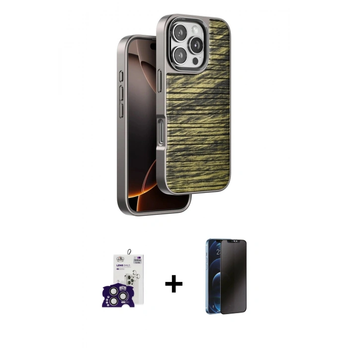 MARSİLYAN™- iPhone 16 Pro Max Kılıf Atlas Minimal Özel Seri - Siyah 3D Antistatik Hayalet Cam Ekran Koruyucu + Bilvis Titan Kamera Lens - TMGI