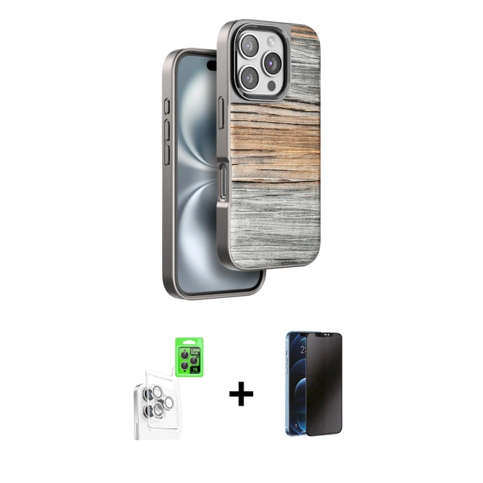 MARSİLYAN™- iPhone 16 Pro Max Kılıf Atlas Minimal Özel Seri - Siyah 3D Antistatik Hayalet Cam Ekran Koruyucu + Raze Metal Kamera Lens - BZ