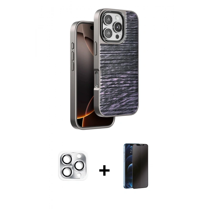 MARSİLYAN™- iPhone 16 Pro Max Kılıf Atlas Minimal Özel Seri - Siyah 3D Antistatik Hayalet Cam Ekran Koruyucu + Pers Alüminyum Kamera Lens - GS