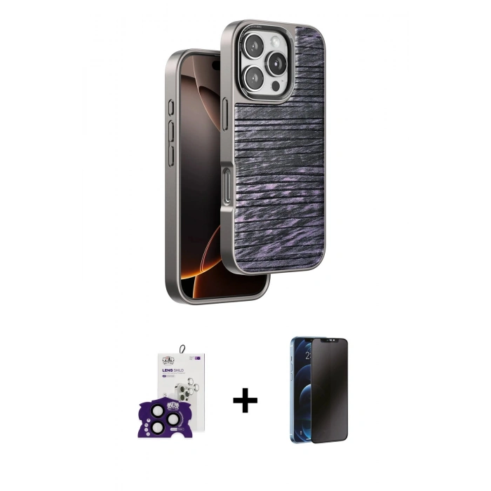 MARSİLYAN™- iPhone 16 Pro Max Kılıf Atlas Minimal Özel Seri - Siyah 3D Antistatik Hayalet Cam Ekran Koruyucu + Bilvis Titan Kamera Lens - SH