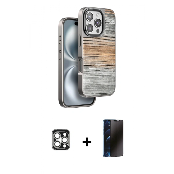 MARSİLYAN™- iPhone 16 Pro Max Kılıf Atlas Minimal Özel Seri - Siyah 3D Antistatik Hayalet Cam Ekran Koruyucu + PVD Metal Kamera Lens - GS