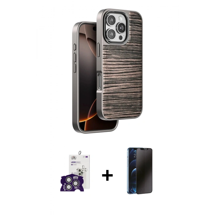 MARSİLYAN™- iPhone 16 Pro Max Kılıf Atlas Minimal Özel Seri - Siyah 3D Antistatik Hayalet Cam Ekran Koruyucu + Bilvis Titan Kamera Lens - GS