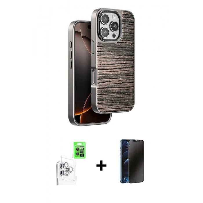 MARSİLYAN™- iPhone 16 Pro Max Kılıf Atlas Minimal Özel Seri - Siyah 3D Antistatik Hayalet Cam Ekran Koruyucu + Raze Metal Kamera Lens - BZ