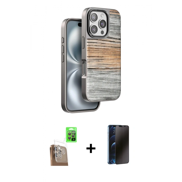 MARSİLYAN™- iPhone 16 Pro Max Kılıf Atlas Minimal Özel Seri - Siyah 3D Antistatik Hayalet Cam Ekran Koruyucu + Raze Metal Kamera Lens - CLTM