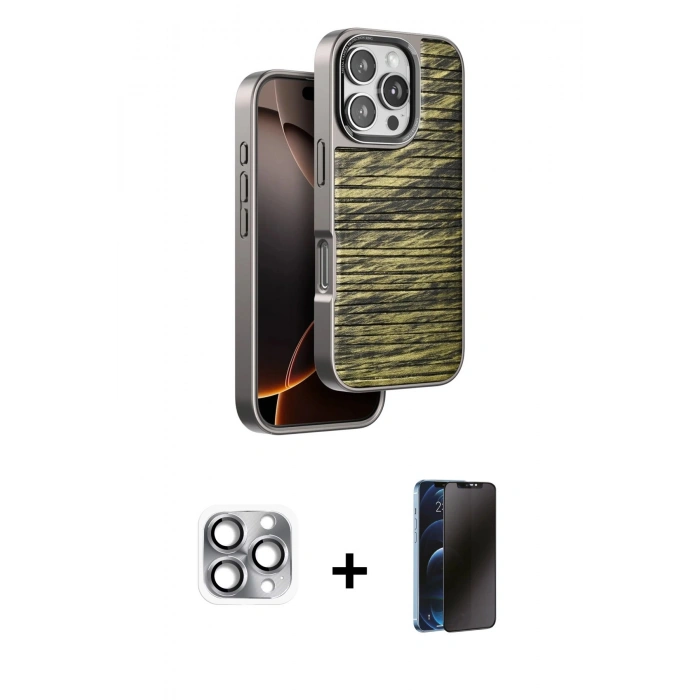 MARSİLYAN™- iPhone 16 Pro Max Kılıf Atlas Minimal Özel Seri - Siyah 3D Antistatik Hayalet Cam Ekran Koruyucu + Pers Alüminyum Kamera Lens - GI