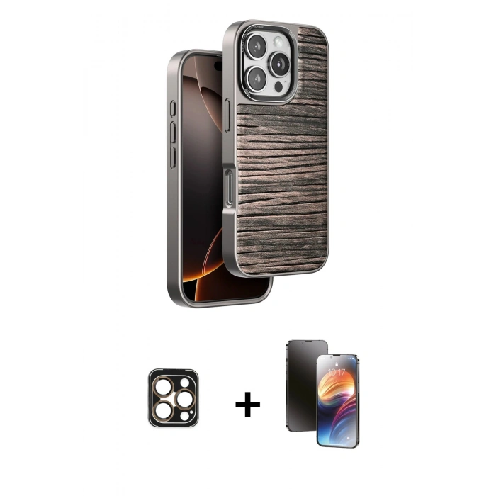 MARSİLYAN™- iPhone 16 Pro Max Kılıf Atlas Minimal Özel Seri - Siyah 3D Antistatik Mat Seramik Nano Ekran Koruyucu + PVD Metal Kamera Lens - GD