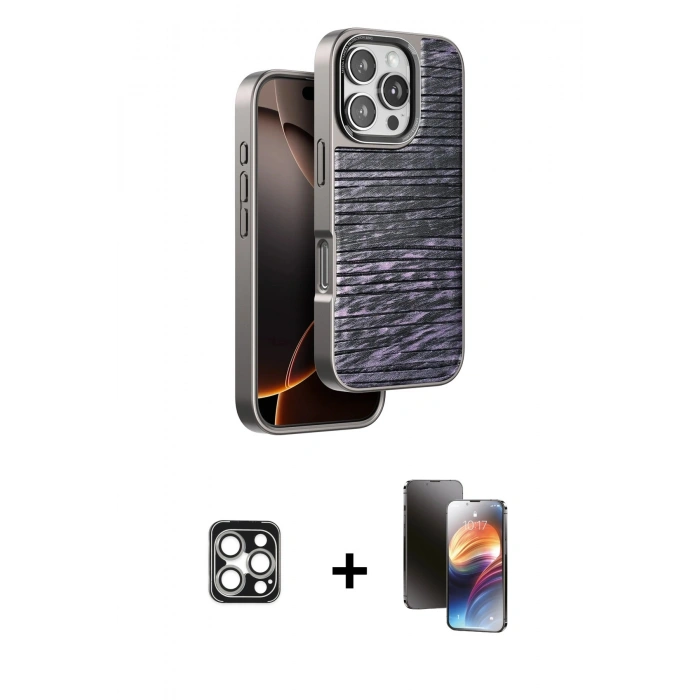 MARSİLYAN™- iPhone 16 Pro Max Kılıf Atlas Minimal Özel Seri - Siyah 3D Antistatik Mat Seramik Nano Ekran Koruyucu + Gümüş PVD Metal Kamera Lens