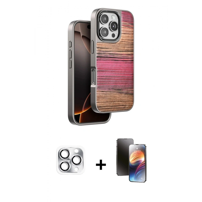 MARSİLYAN™- iPhone 16 Pro Max Kılıf Atlas Minimal Özel Seri - Siyah 3D Antistatik Mat Seramik Nano Ekran Koruyucu + Gümüş Pers Alüminyum Kamera Lens