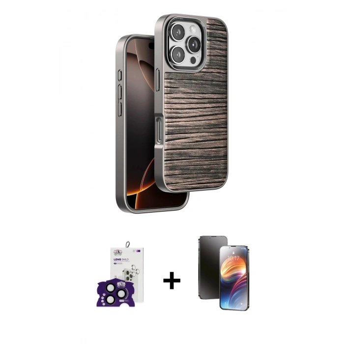 MARSİLYAN™- iPhone 16 Pro Max Kılıf Atlas Minimal Özel Seri - Siyah 3D Antistatik Mat Seramik Nano Ekran Koruyucu + Bilvis Titan Kamera Lens - SH